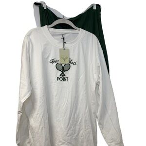 Point XL White Long Sleeve Tennis Graphic Tee & Green Ribbed Skirt set NWT